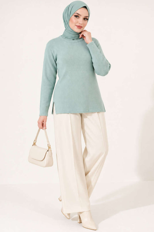 Blusa De Cuello Alto Acanalada Verde Menta