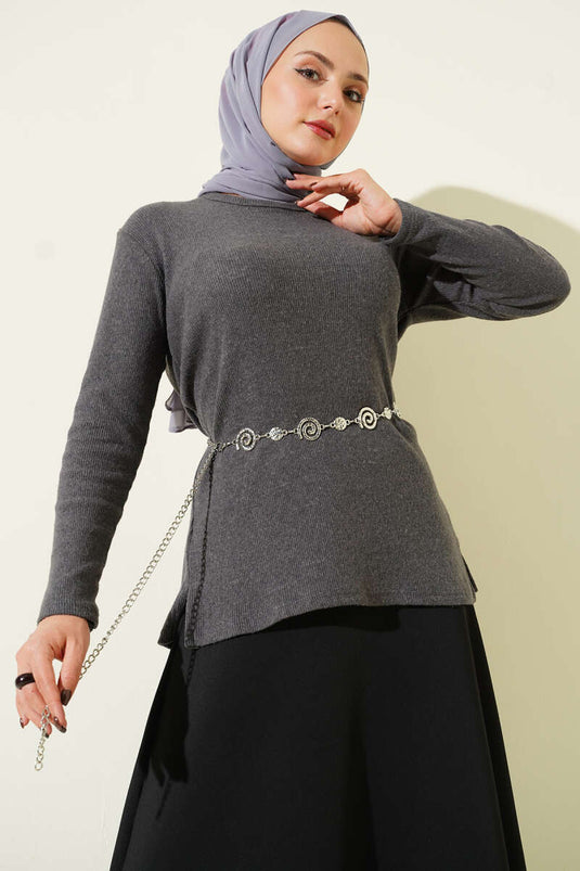 Crew Neck Ribbed Blouse, Smoke Grey