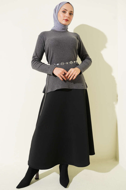 Crew Neck Ribbed Blouse, Smoke Grey