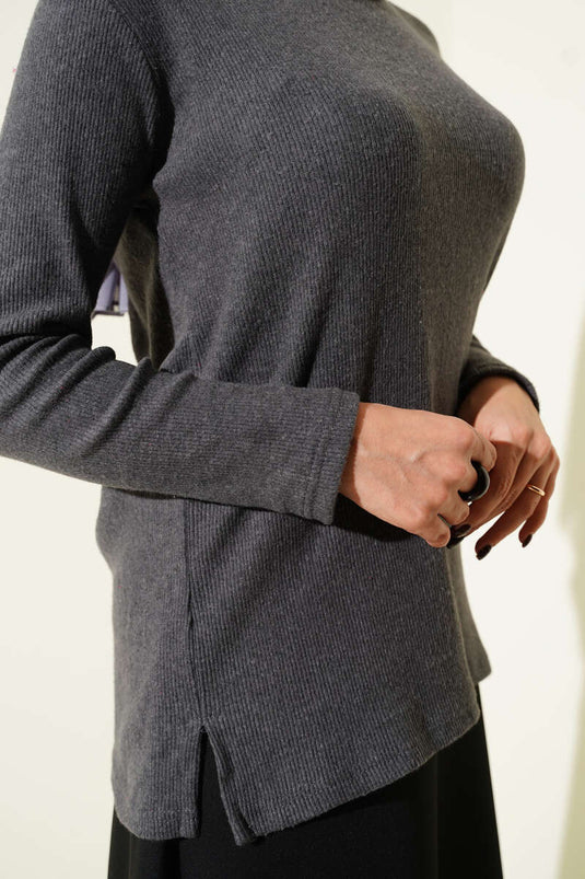 Crew Neck Ribbed Blouse, Smoke Grey