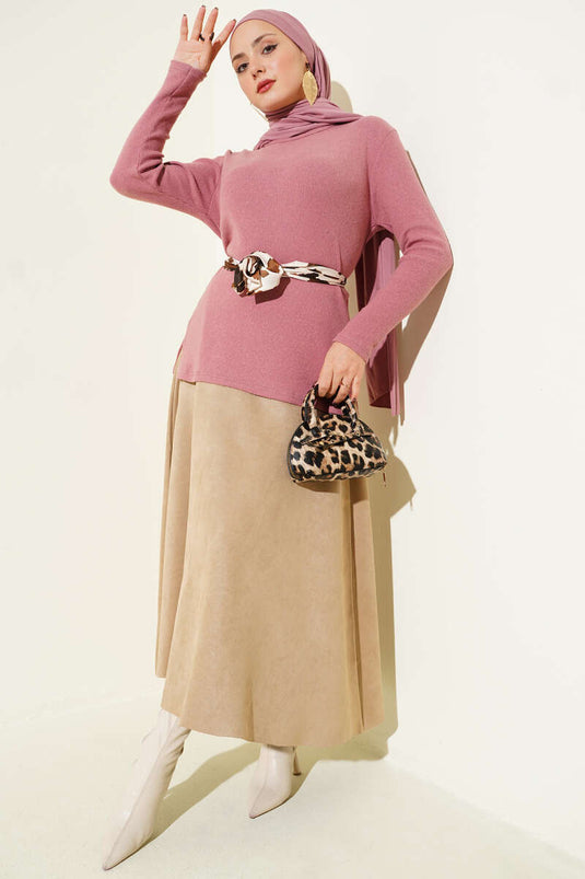 Crew Neck Ribbed Blouse, Rose Pink