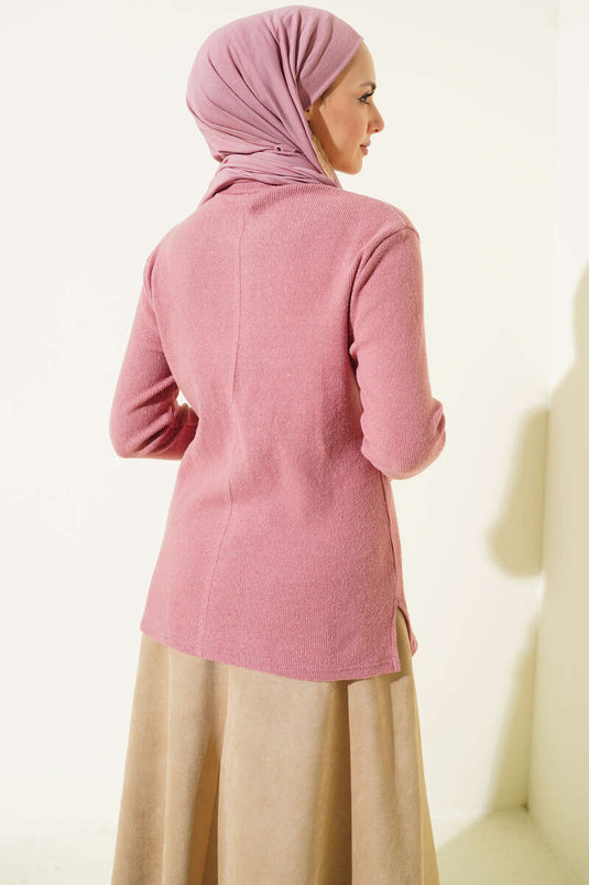 Crew Neck Ribbed Blouse, Rose Pink