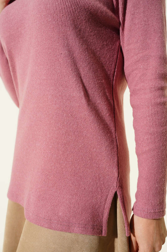 Crew Neck Ribbed Blouse, Rose Pink