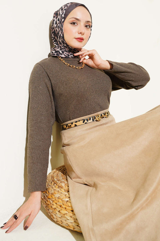 Crew Neck Ribbed Blouse, Brown