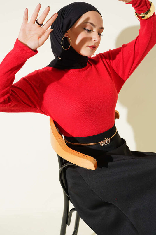 Crew Neck Ribbed Blouse Red