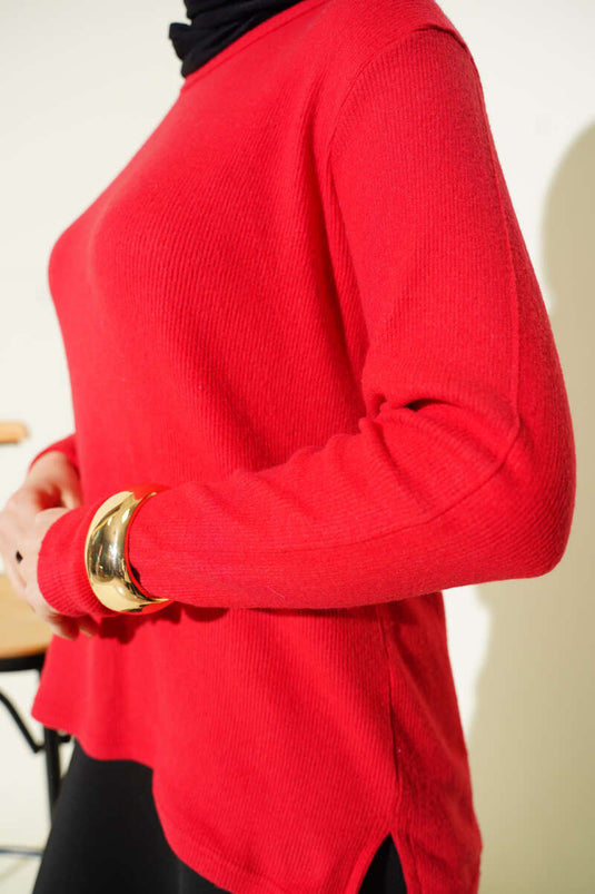Crew Neck Ribbed Blouse Red