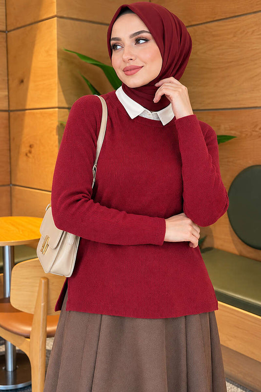 Bisiklet Yaka Fitilli Bluz  Bordo