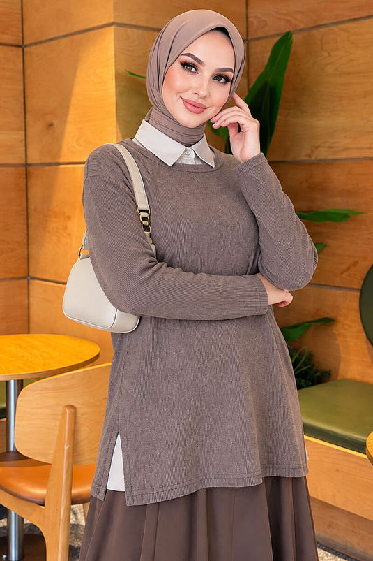 Bisiklet Yaka Fitilli Bluz Koyu Vizon