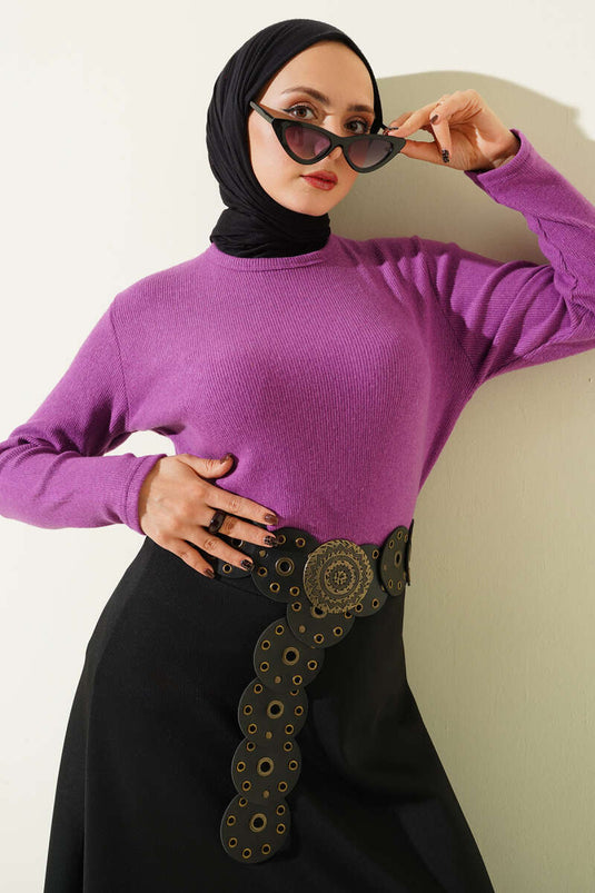 Crew Neck Ribbed Blouse Violet