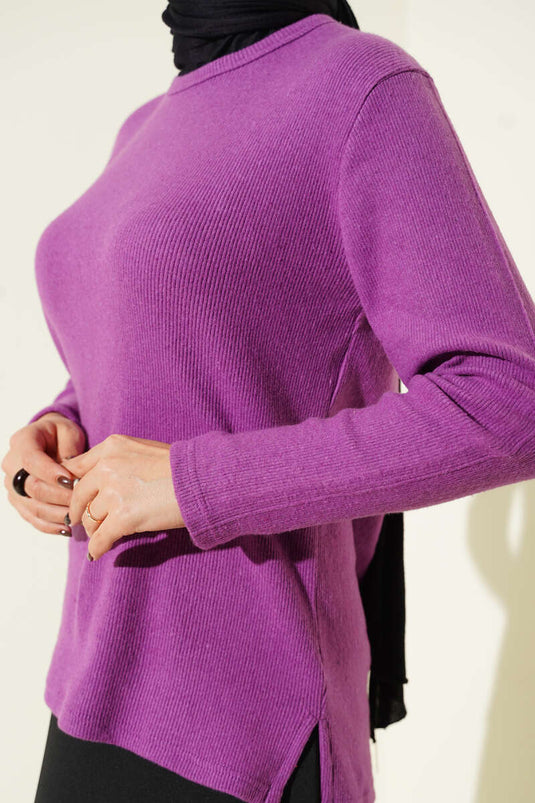 Crew Neck Ribbed Blouse Violet