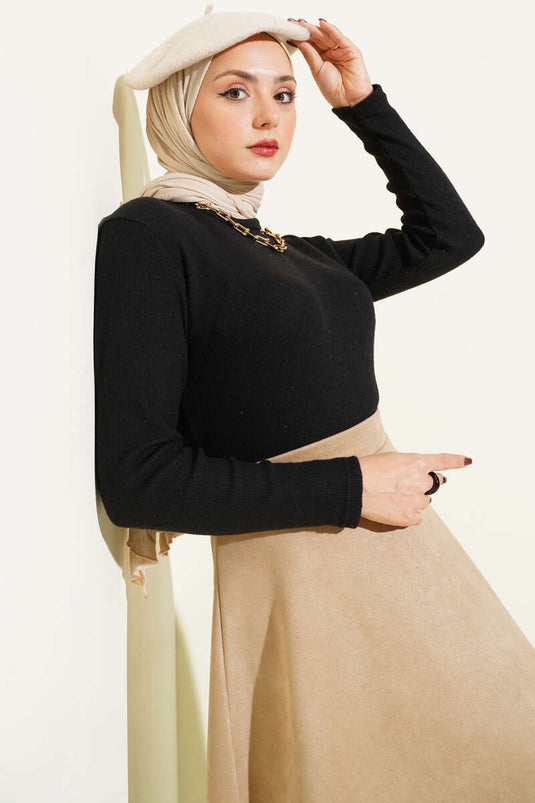 Schwarze gerippte Bluse mit Rundhalsausschnitt