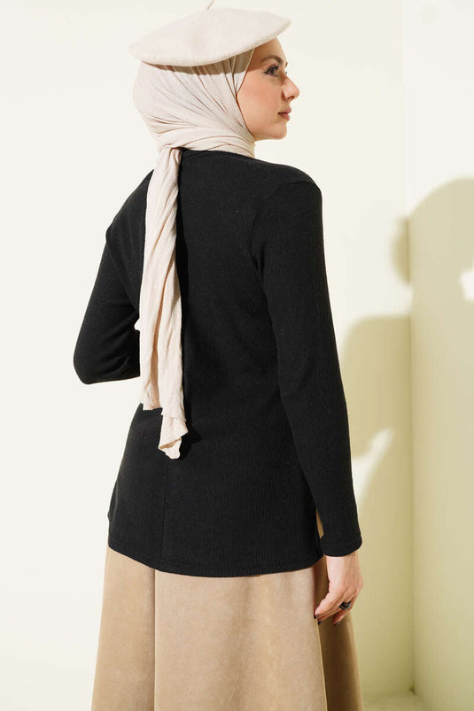 Crew Neck Ribbed Blouse Black