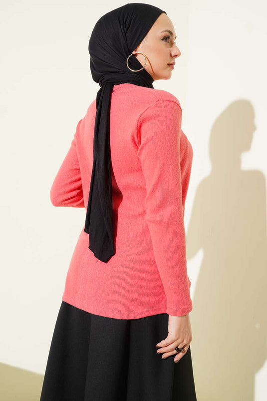 Crew Neck Ribbed Blouse Salmon