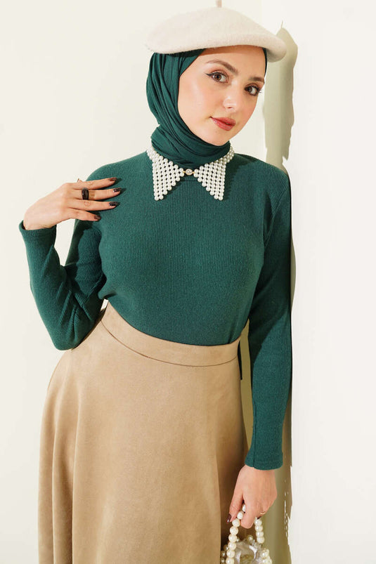 Crew Neck Ribbed Blouse Emerald