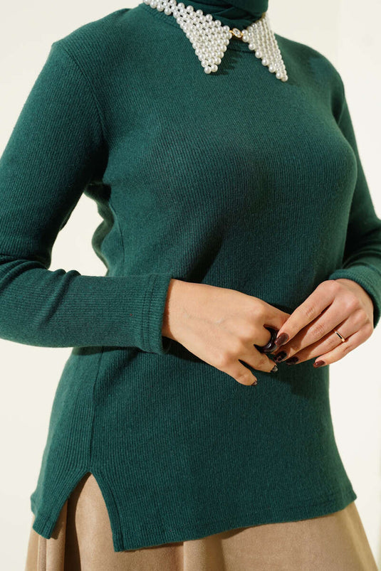 Crew Neck Ribbed Blouse Emerald