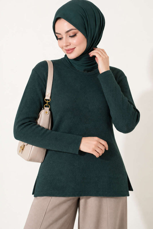 Emerald Ribbed Crew Neck Blouse