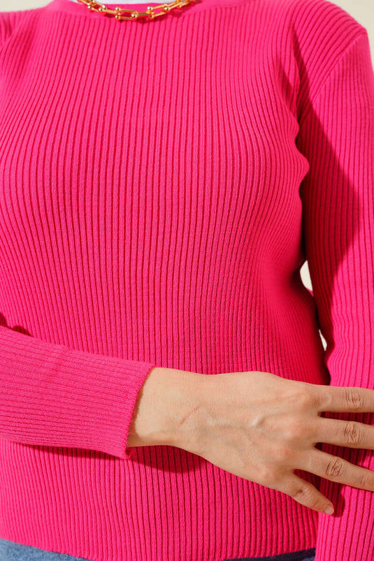 Funnel Neck Ribbed Knit Sweater Fuchsia