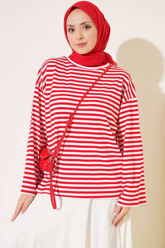 Blusa Rossa A Righe Con Collo Giro E Maniche Larghe