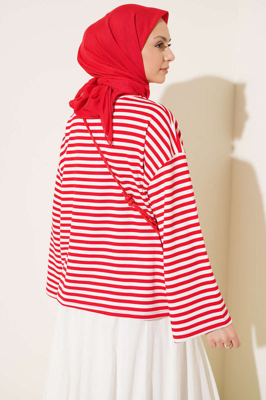 Blusa Rossa A Righe Con Collo Giro E Maniche Larghe