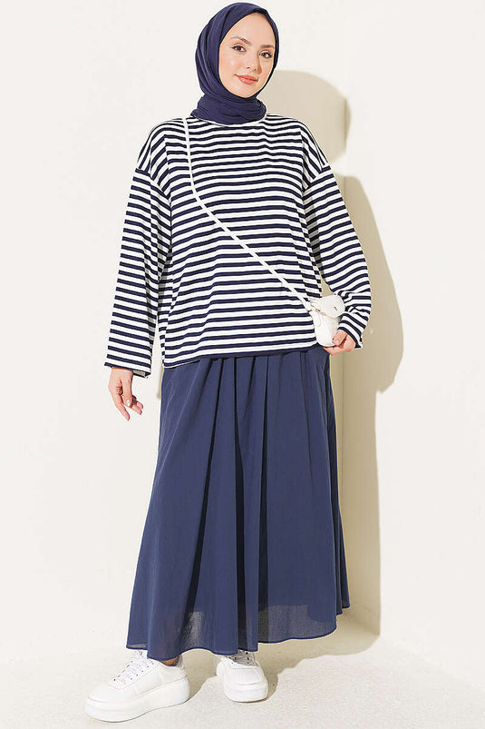 Blusa A Righe Con Collo Giro E Maniche Larghe Blu Navy