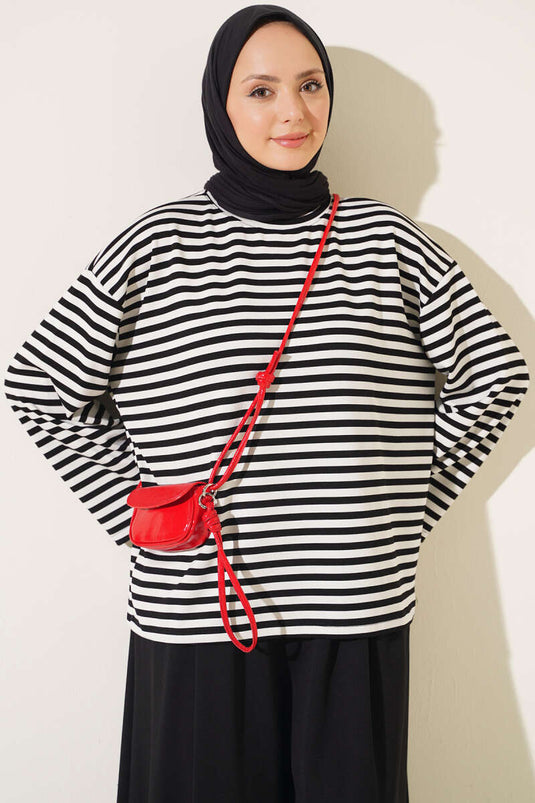 Zwarte Gestreepte Blouse Met Brede Mouwen En Ronde Hals