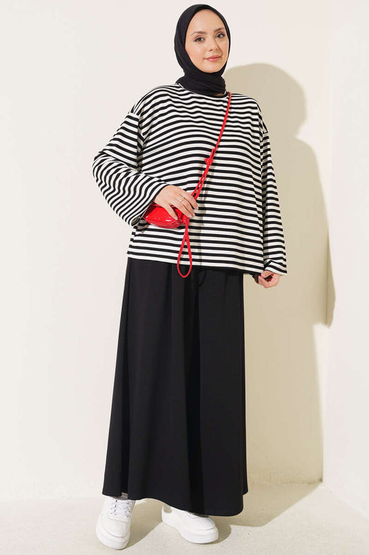 Zwarte Gestreepte Blouse Met Brede Mouwen En Ronde Hals
