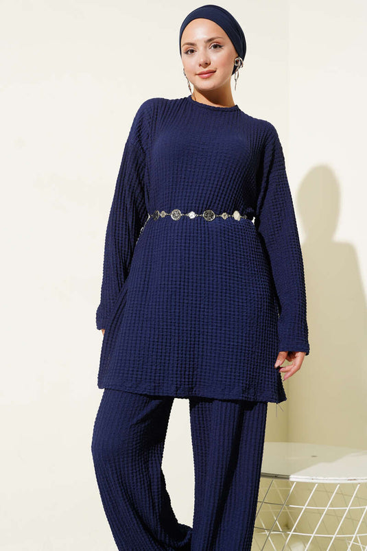 Zweiteiliger Seersucker-Anzug mit Rundhalsausschnitt, Marineblau