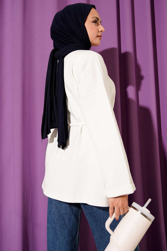 تونيك برقبة دائرية وحزام برباط، لون بيج فاتح