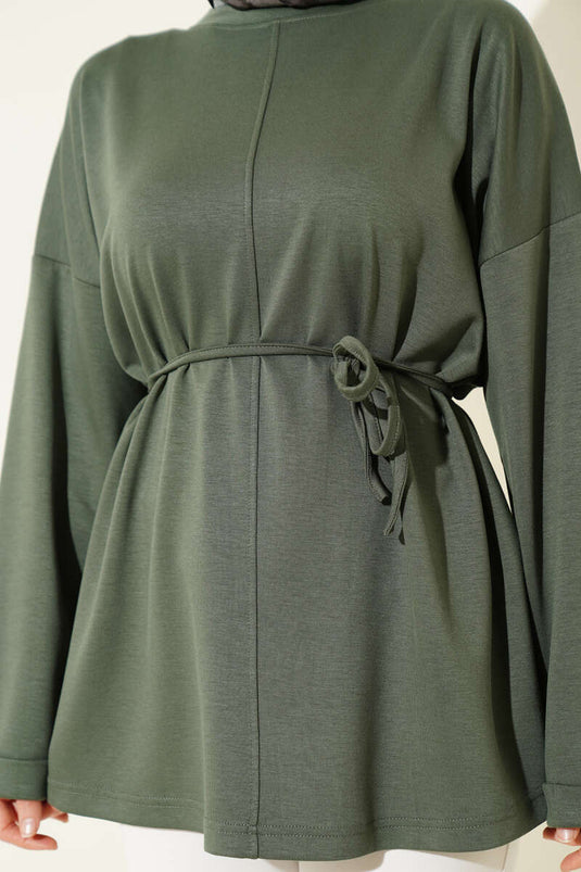 Tunika mit Rundhalsausschnitt und Gürtel in Khaki