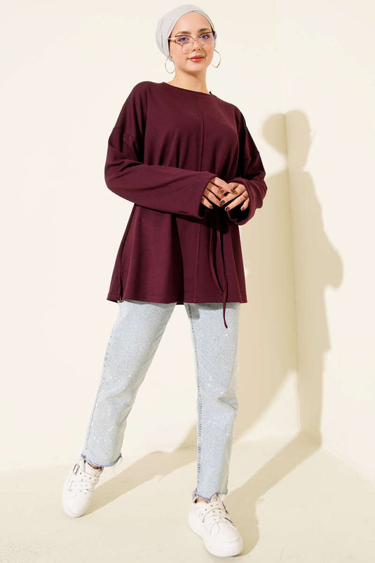 Bisiklet Yaka İp Kuşaklı Tunik Mürdüm