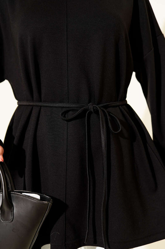 سترة طويلة برقبة دائرية ورباط، أسود