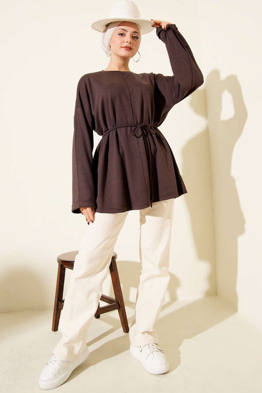 Tunika mit Rundhalsausschnitt und Kordelzuggürtel, Zimt