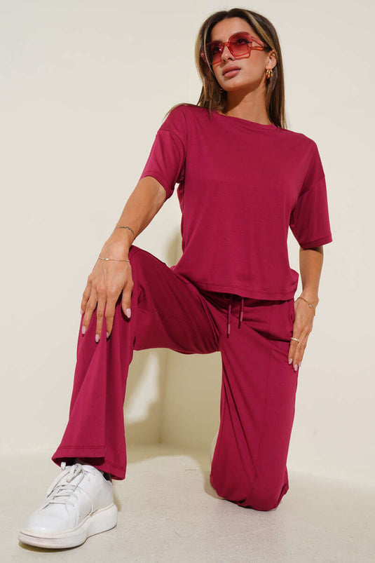 Crew Neck Short Sleeve Two-Piece Set Cherry Red