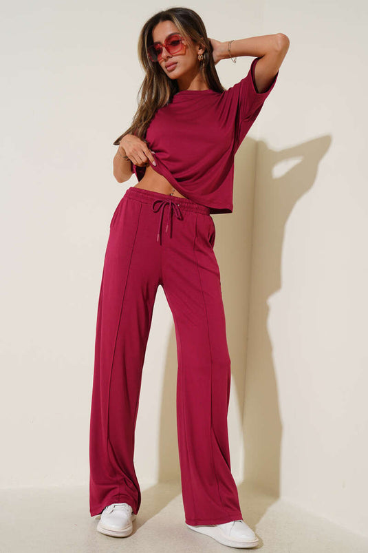 Crew Neck Short Sleeve Two-Piece Set Cherry Red