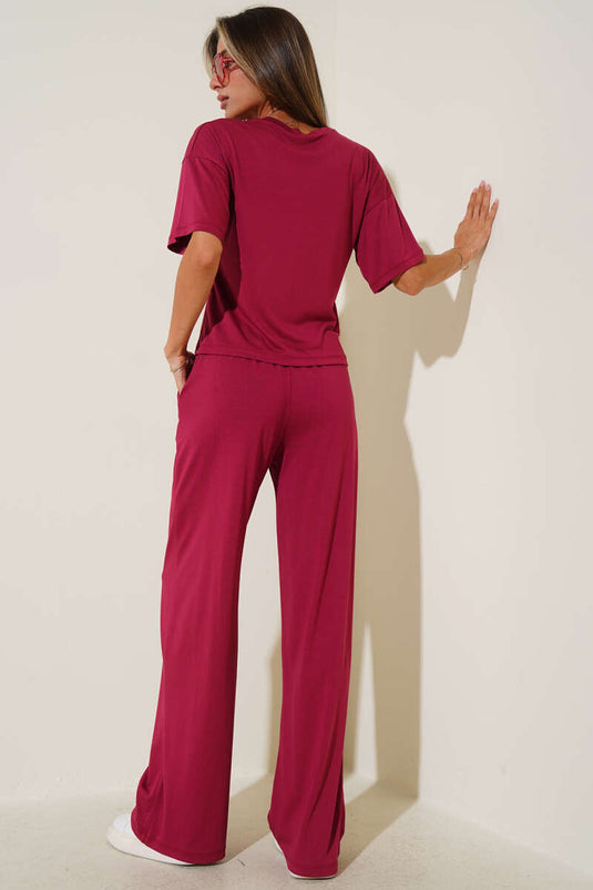 Crew Neck Short Sleeve Two-Piece Set Cherry Red