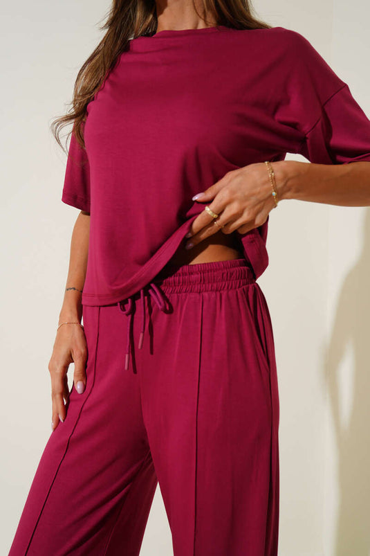 Crew Neck Short Sleeve Two-Piece Set Cherry Red