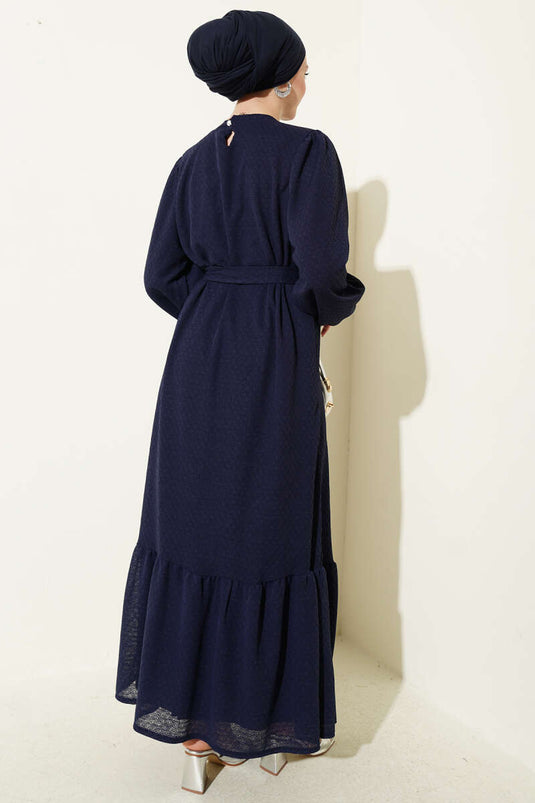 Abito a collo tondo con maniche elastiche blu scuro