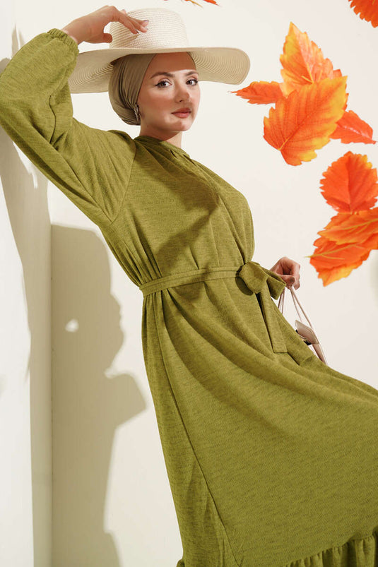 Crew Neck Long-Sleeve Dress with Elastic Cuffs in Olive Green
