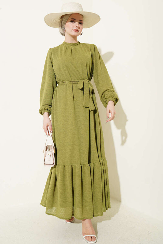 Crew Neck Long-Sleeve Dress with Elastic Cuffs in Olive Green