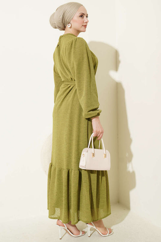 Crew Neck Long-Sleeve Dress with Elastic Cuffs in Olive Green