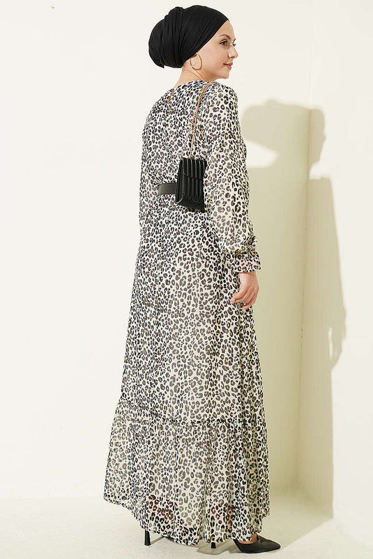 Robe Écru À Col Rond Imprimé Léopard