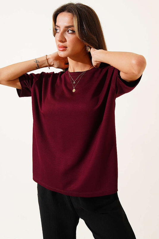Bisiklet Yaka Loyşa T-shirt Mürdüm