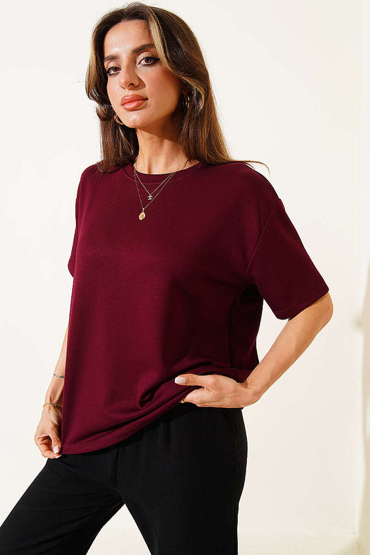 Bisiklet Yaka Loyşa T-shirt Mürdüm