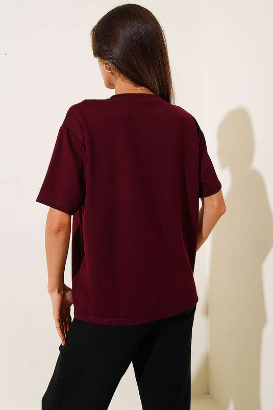 Bisiklet Yaka Loyşa T-shirt Mürdüm