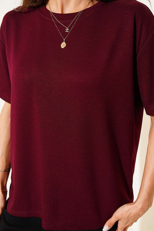 Bisiklet Yaka Loyşa T-shirt Mürdüm