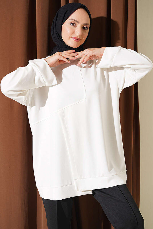 White Round Neck Loysha Tunic With Slit