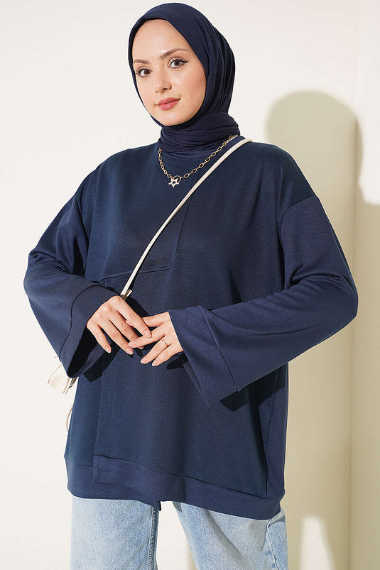 Navy Blue Round Neck Tunic With Side Slit