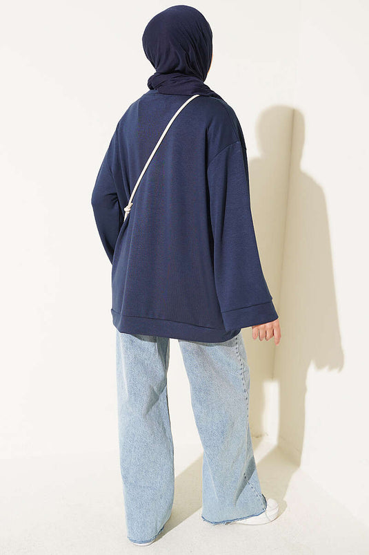 Navy Blue Round Neck Tunic With Side Slit