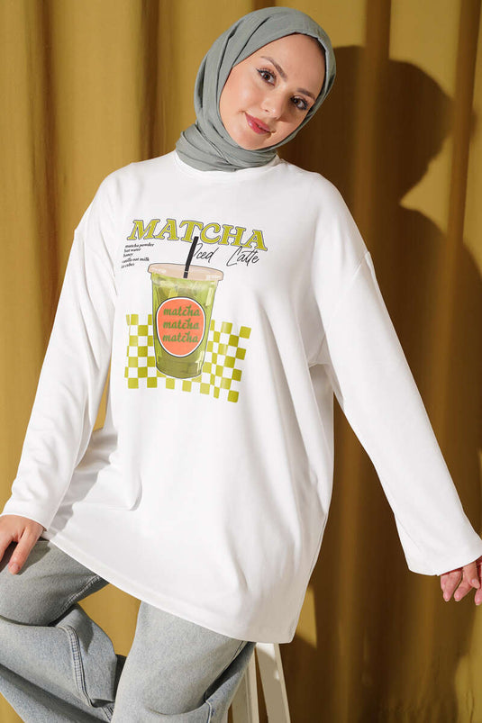 Matcha Print Bicycle Neck Tunic In Ecru