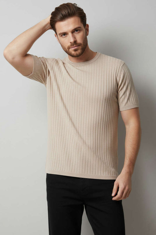 Beige Mercerized Cotton Men's T-shirt with Crew Neck